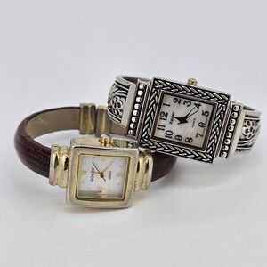 2X Women's Cuff Watch White Dial Gray Brown Bracelet Band 5.5" New Battery